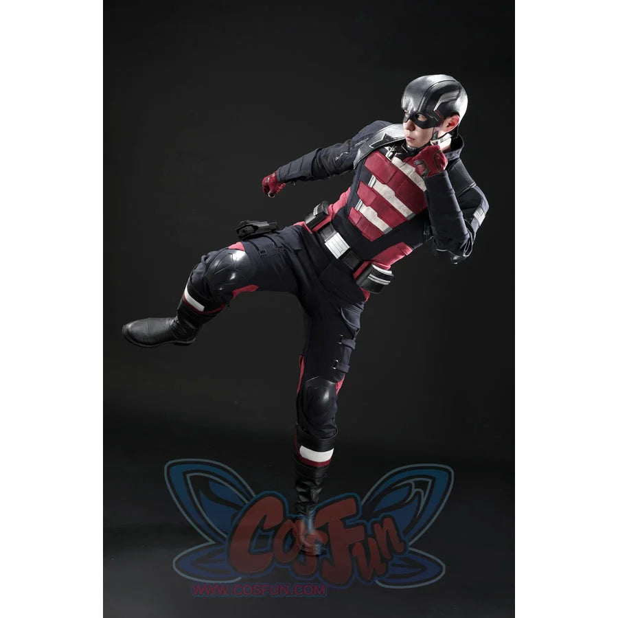Thunderbolts John Walker cosplay costume includes a jumpsuit with knee pads, boots, gloves, and a mask.