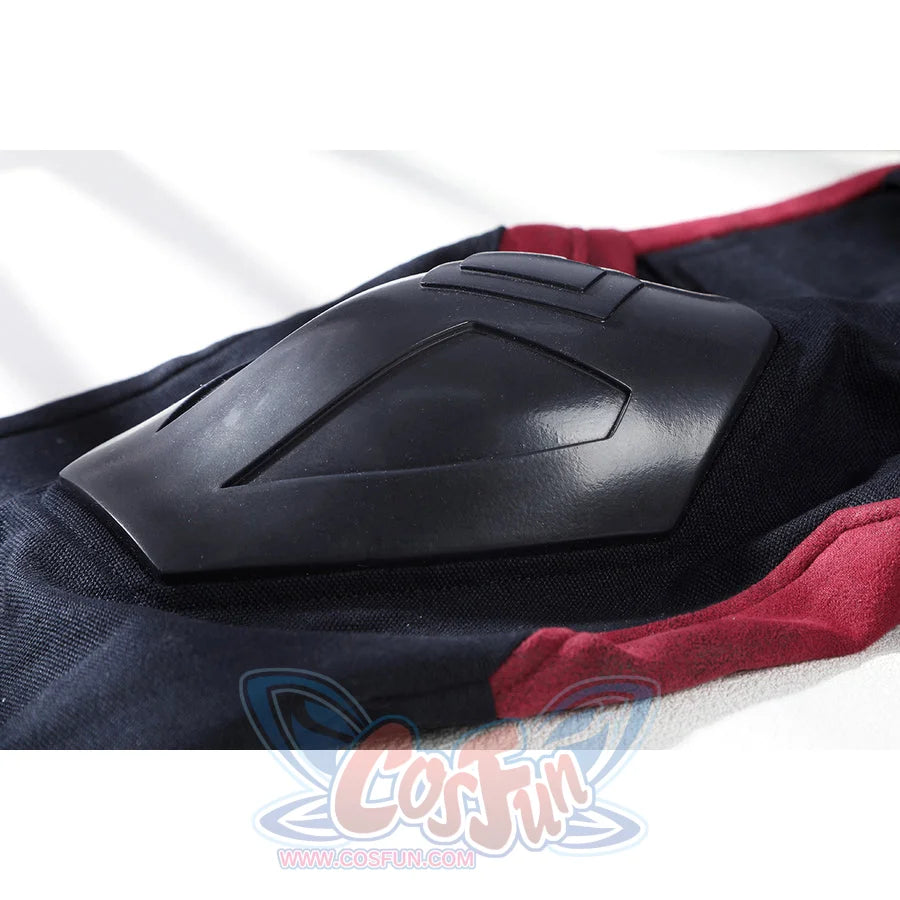 Thunderbolts John Walker cosplay costume knee pad close up on the black fabric pants with red accents.