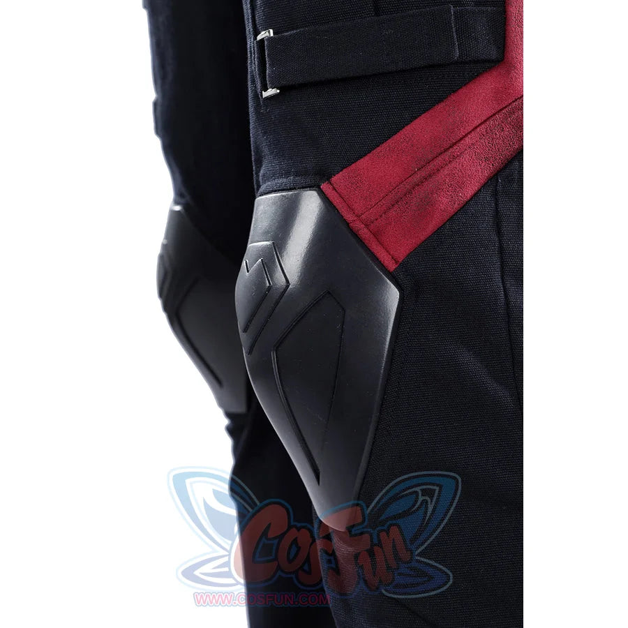 Thunderbolts John Walker cosplay costume pairs detailed black plastic knee pads and a deep red stripe on the legs.