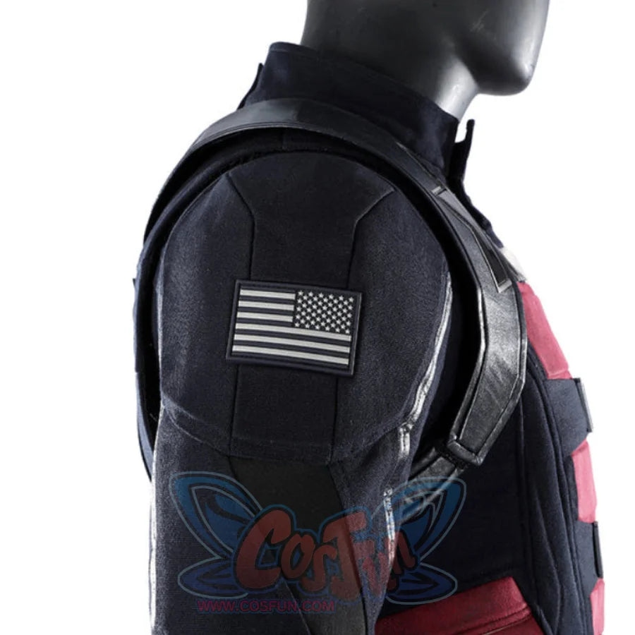 Thunderbolts John Walker cosplay costume shoulder with a grey flag patch and black leather harness straps.