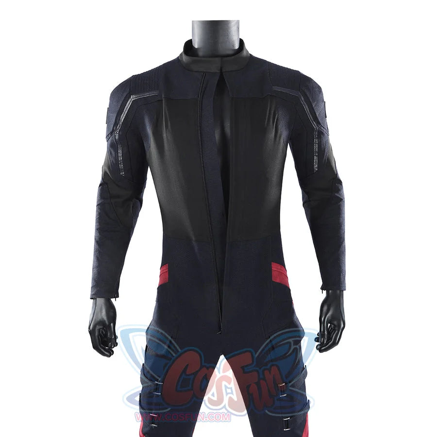 Thunderbolts John Walker cosplay costume pairs dark tactical panels with silver trim and red accents.