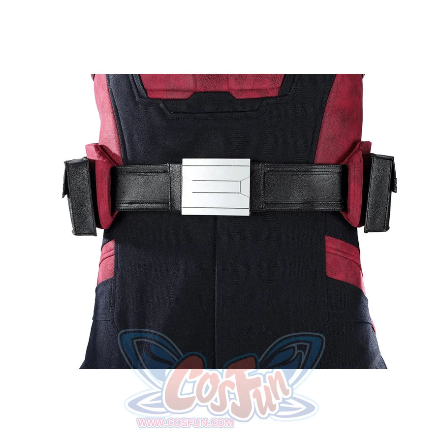 Thunderbolts John Walker cosplay costume pairs a black and red suit torso layered with a black tactical belt.