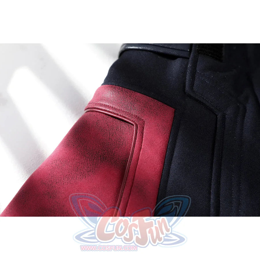 Thunderbolts John Walker cosplay costume details distressed red faux leather panel with black trim.