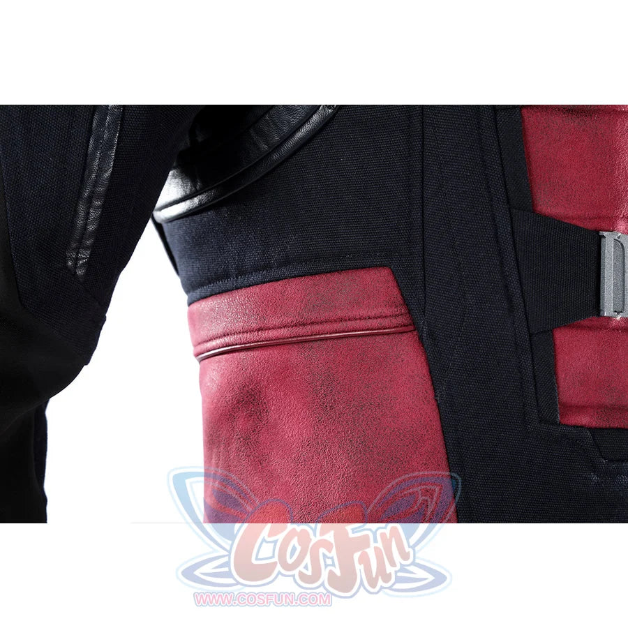 Thunderbolts John Walker cosplay costume pairs red textured material with dark fabric panels on the torso.