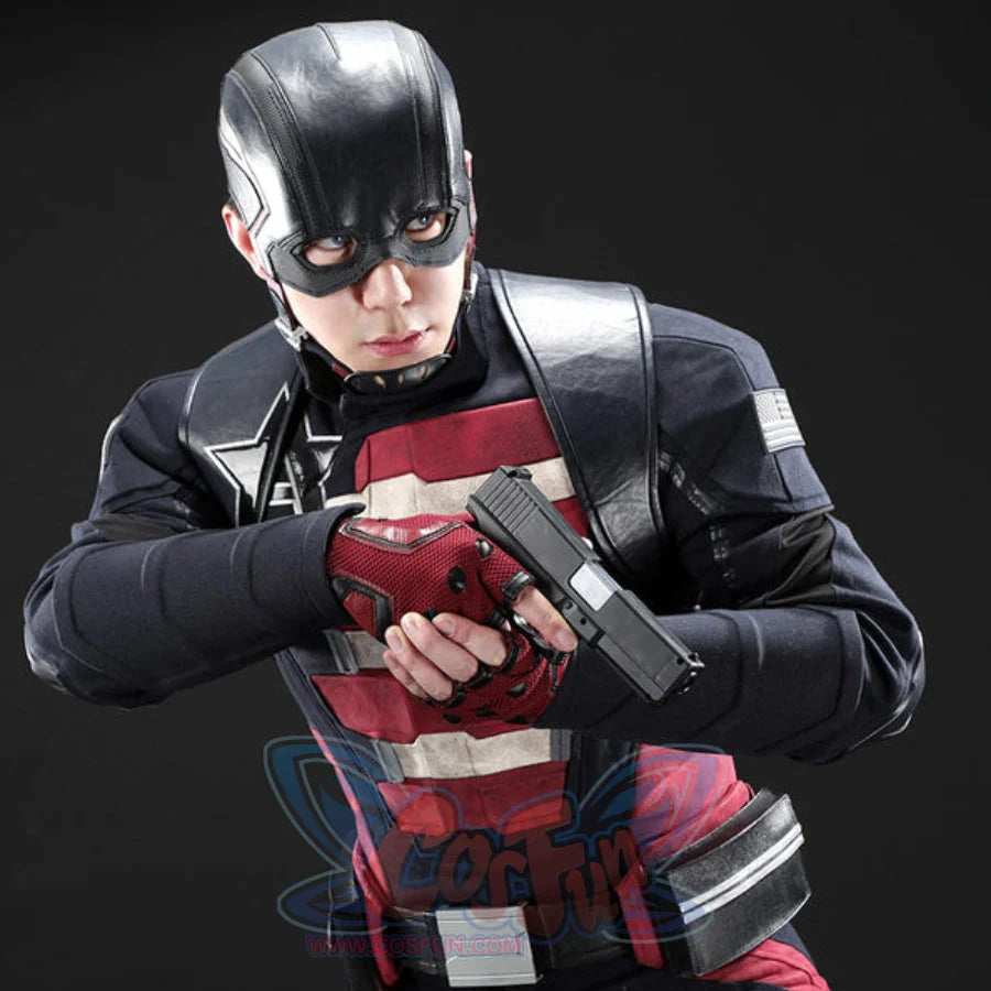 Thunderbolts John Walker cosplay costume upper body with a helmet, textured vest, and a prop handgun.