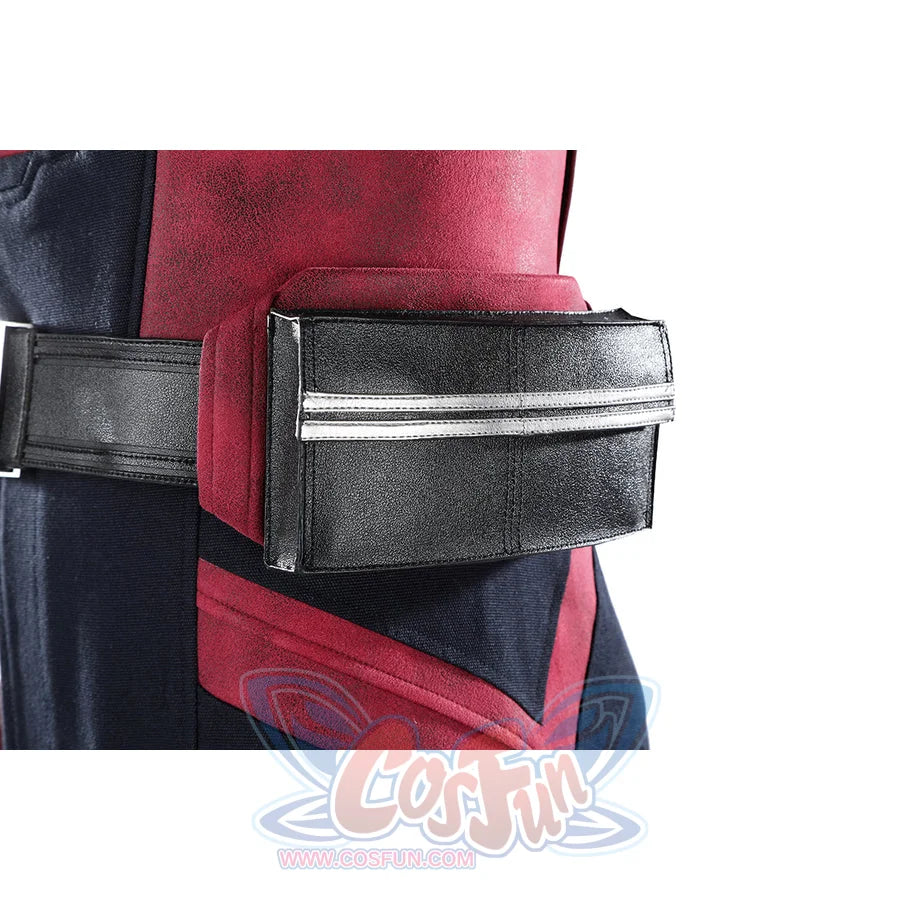 Thunderbolts John Walker cosplay costume pairs a black pouch with silver stripes on a navy and red suit.