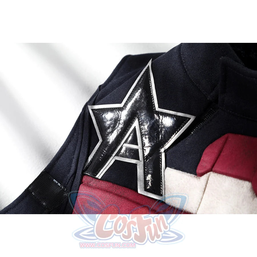 Thunderbolts John Walker cosplay costume chest detail centers a silver star emblem over navy fabric.