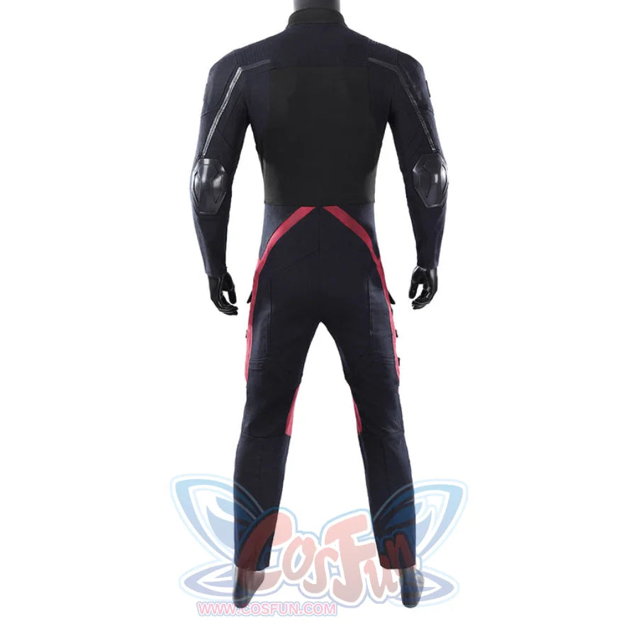 Thunderbolts John Walker cosplay costume seen from behind, highlighting red geometric leg stripes and elbow pads.
