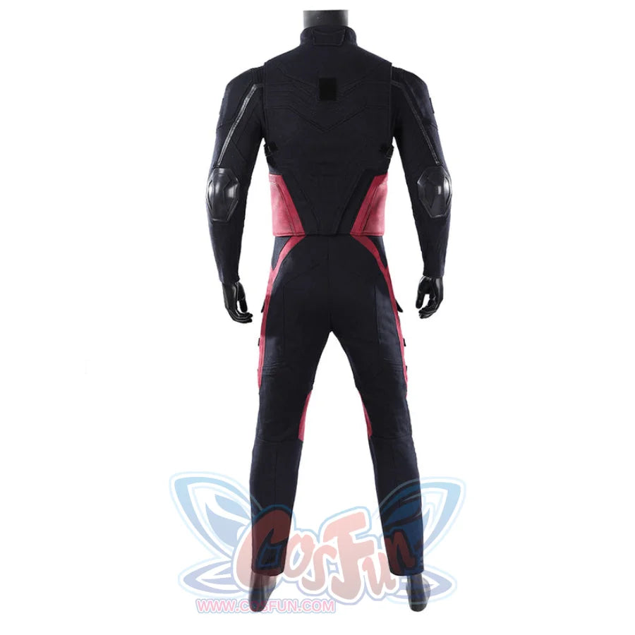 Thunderbolts John Walker cosplay costume seen from the back with padded elbows and red leg accents.