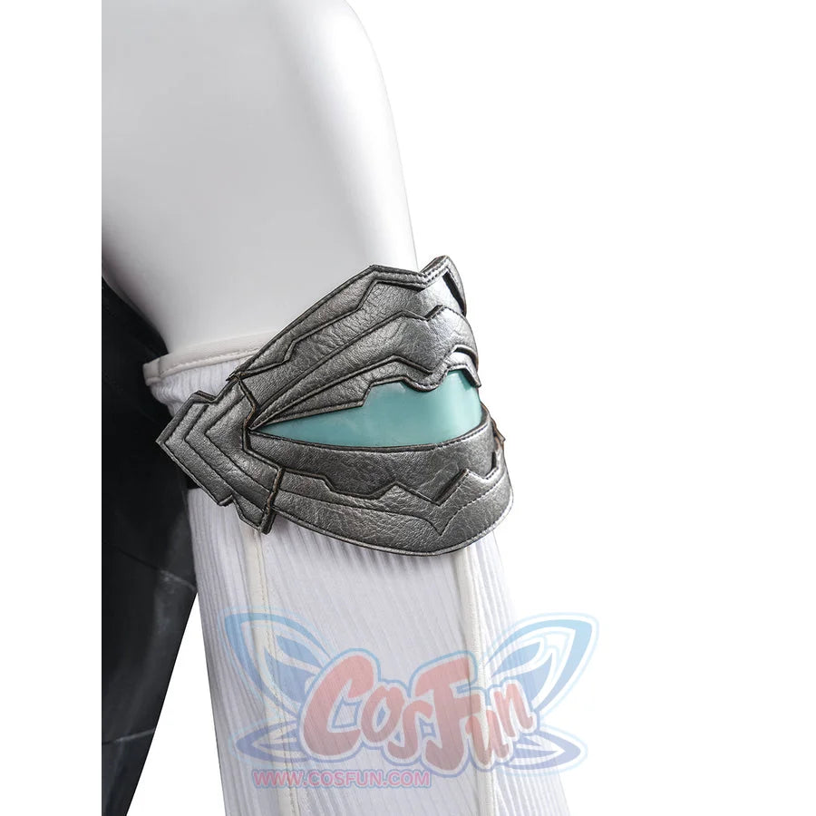 Tifa cosplay costume anchors a sculpted faux leather arm guard with integrated ribbed fabric and metallic layered plates.