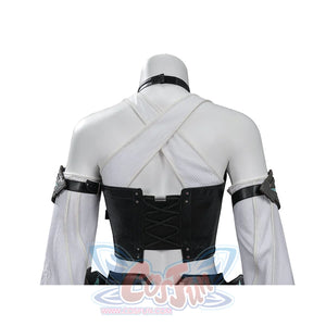 Tifa cosplay costume traces the back corset lacing of a black faux leather vest layered over a white ribbed cross-strap top.