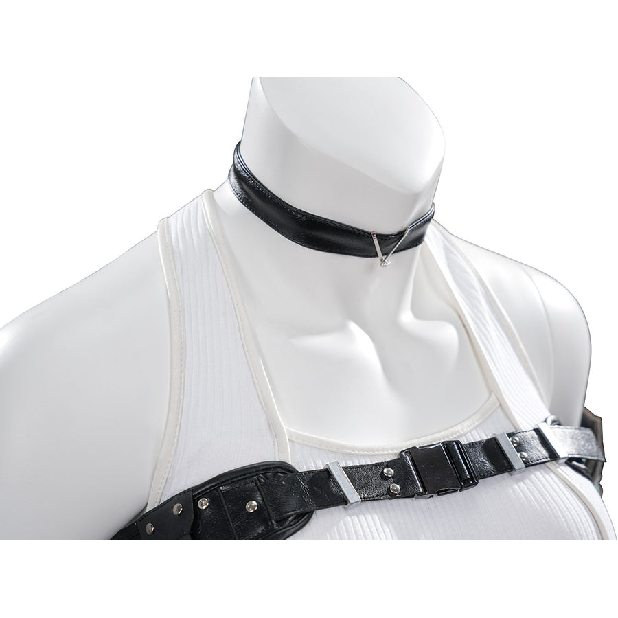 Tifa cosplay costume layers a black faux leather choker and matching harness over a white ribbed knit sleeveless top.