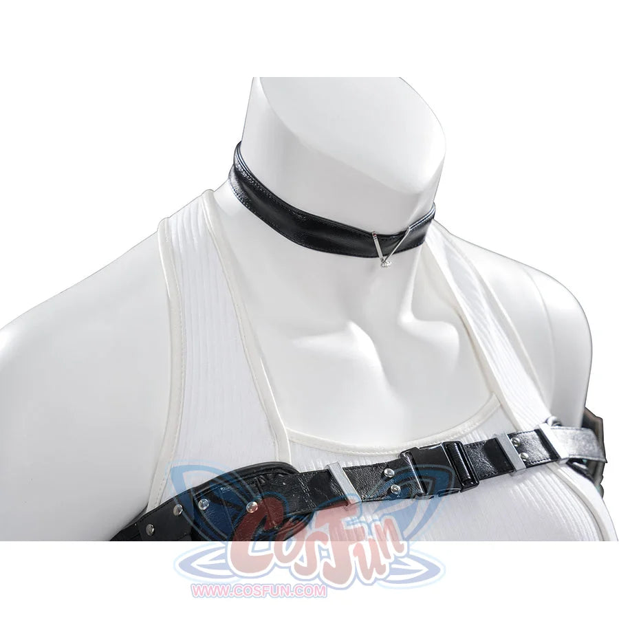 Tifa cosplay costume layers a black faux leather choker and matching harness over a white ribbed knit sleeveless top.