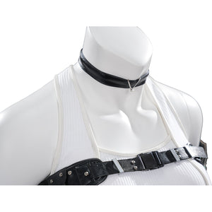 Tifa cosplay costume layers a black faux leather choker and matching harness over a white ribbed knit sleeveless top.