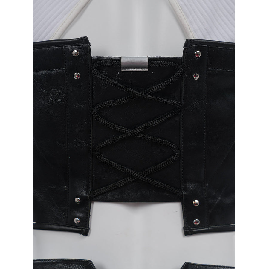 Tifa cosplay costume laces the black faux leather corset with cord straps and reinforces the edges with metal rivets.