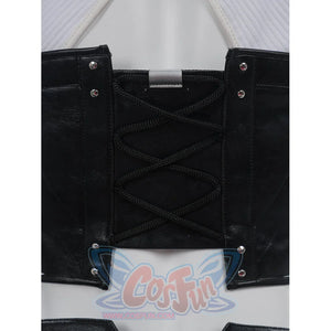 Tifa cosplay costume laces the black faux leather corset with cord straps and reinforces the edges with metal rivets.