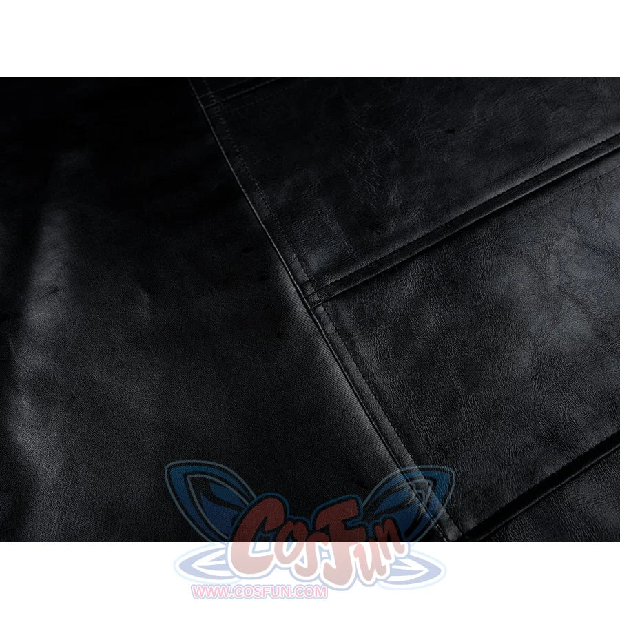 Tifa cosplay costume traces precise lines across smooth black faux leather segments with reinforced structural stitching.