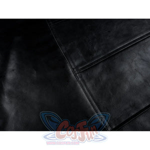 Tifa cosplay costume traces precise lines across smooth black faux leather segments with reinforced structural stitching.