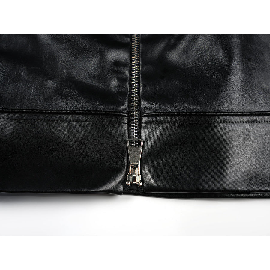 Tifa cosplay costume traces the silver-tone metal teeth of a central zipper fastener set against smooth black faux leather.