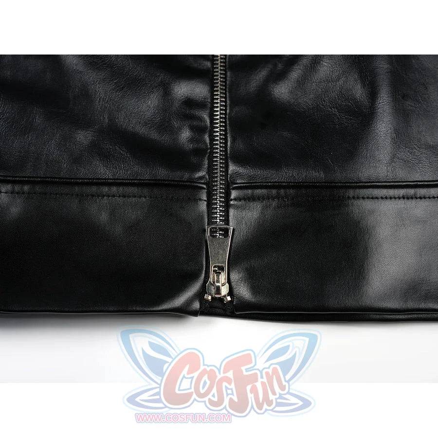 Tifa cosplay costume traces the silver-tone metal teeth of a central zipper fastener set against smooth black faux leather.
