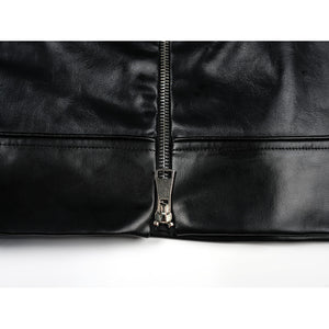 Tifa cosplay costume traces the silver-tone metal teeth of a central zipper fastener set against smooth black faux leather.