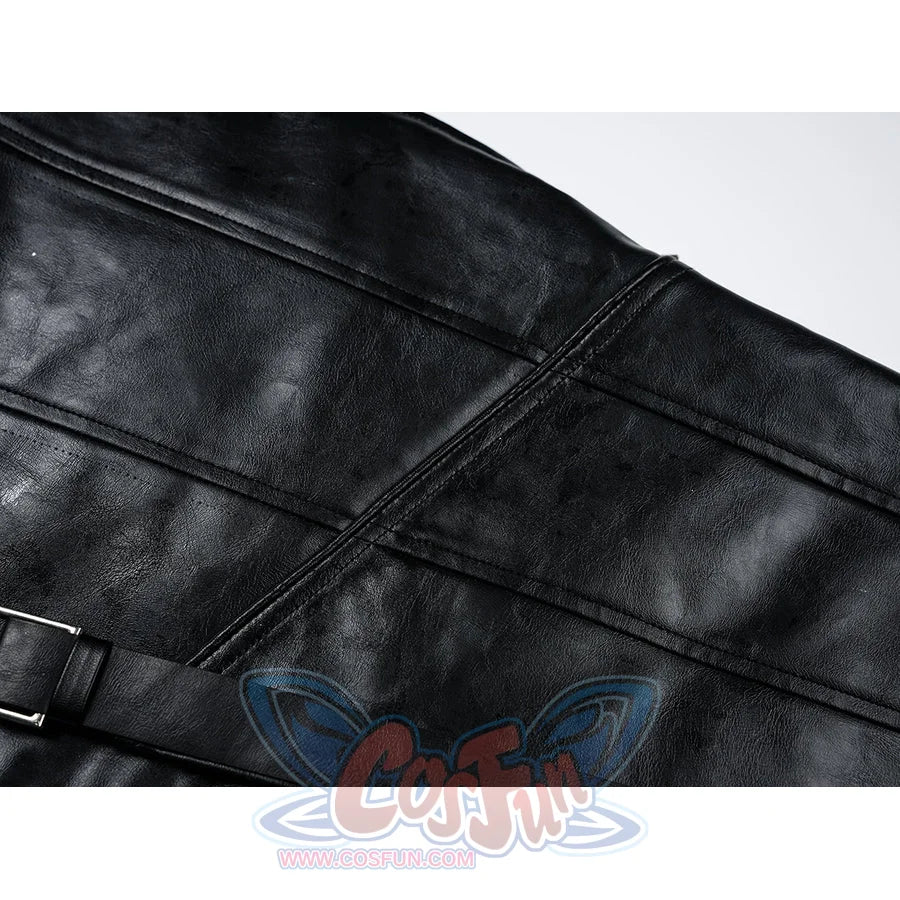 Tifa cosplay costume traces horizontal seam patterns across the black faux leather armor and secures with a side buckle.