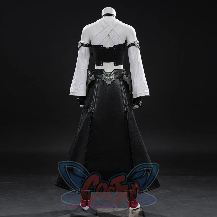 Tifa cosplay costume traces the back silhouette with detailed armor accents layered over a black faux leather long skirt.