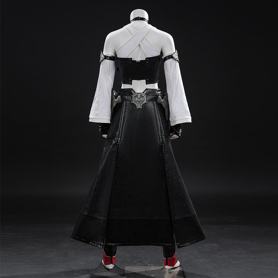 Tifa cosplay costume traces the back silhouette with detailed armor accents layered over a black faux leather long skirt.