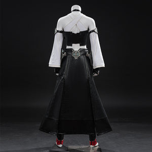 Tifa cosplay costume traces the back silhouette with detailed armor accents layered over a black faux leather long skirt.