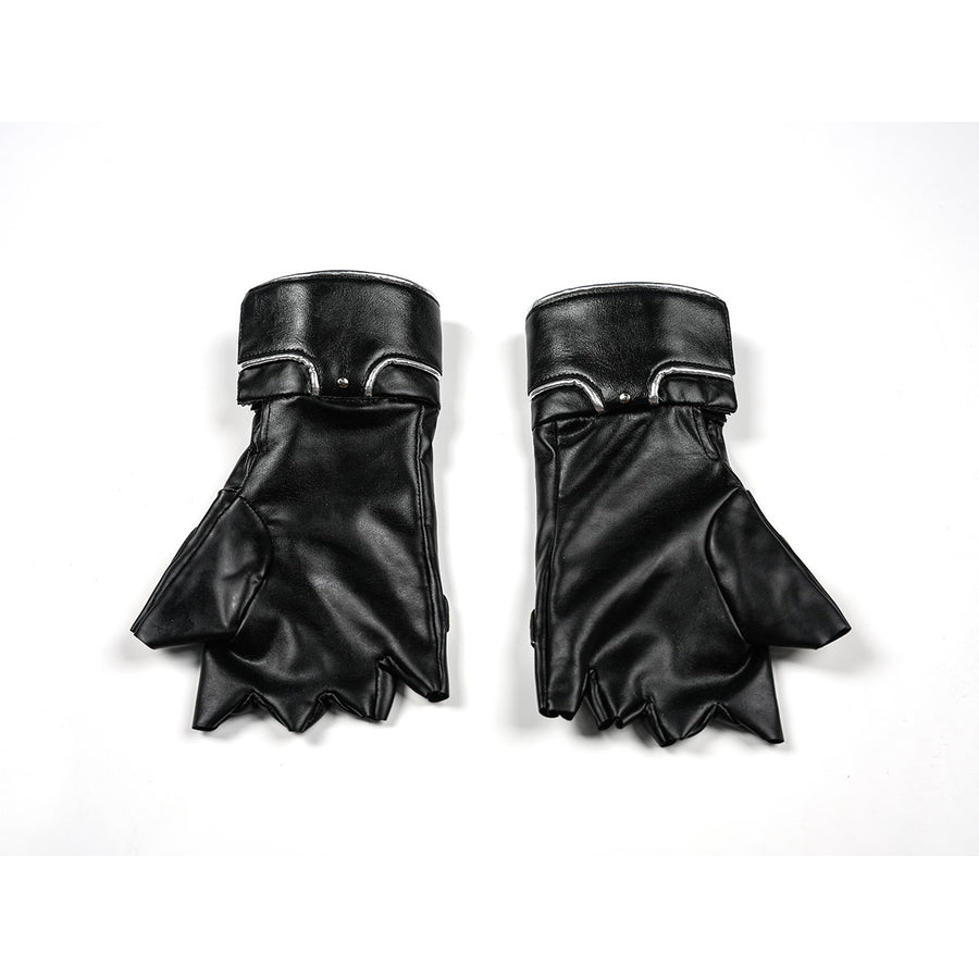 Tifa cosplay costume anchor two black faux leather fingerless gloves that trace silver-tone metallic edges across the wrist.