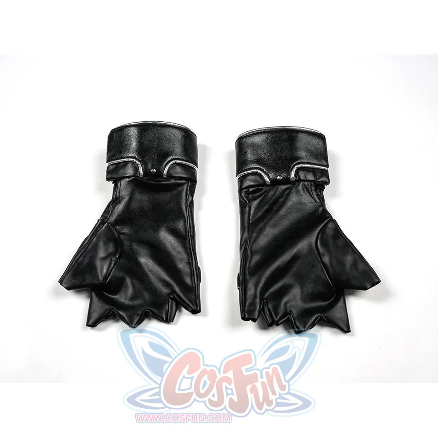 Tifa cosplay costume anchor two black faux leather fingerless gloves that trace silver-tone metallic edges across the wrist.