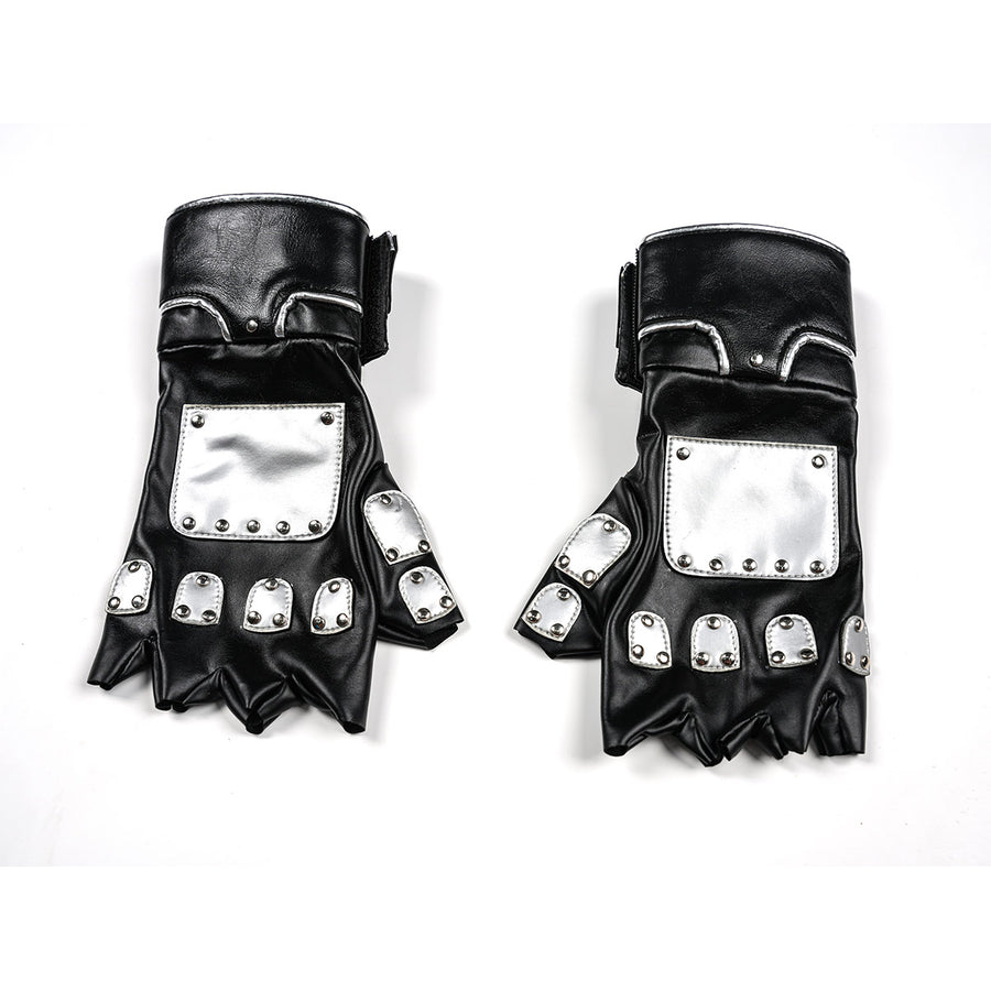 Tifa cosplay costume anchor metallic silver-tone plates across the black faux leather fingerless construction of the gloves.