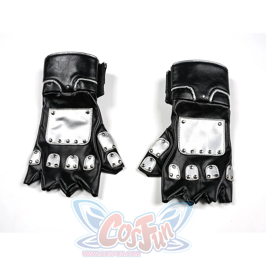 Tifa cosplay costume anchor metallic silver-tone plates across the black faux leather fingerless construction of the gloves.