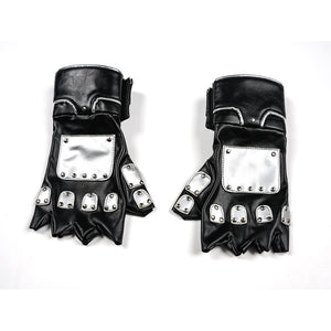 Tifa cosplay costume anchor metallic silver-tone plates across the black faux leather fingerless construction of the gloves.