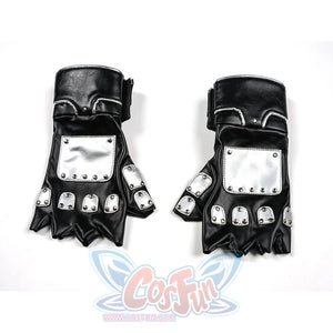 Tifa cosplay costume anchor metallic silver-tone plates across the black faux leather fingerless construction of the gloves.