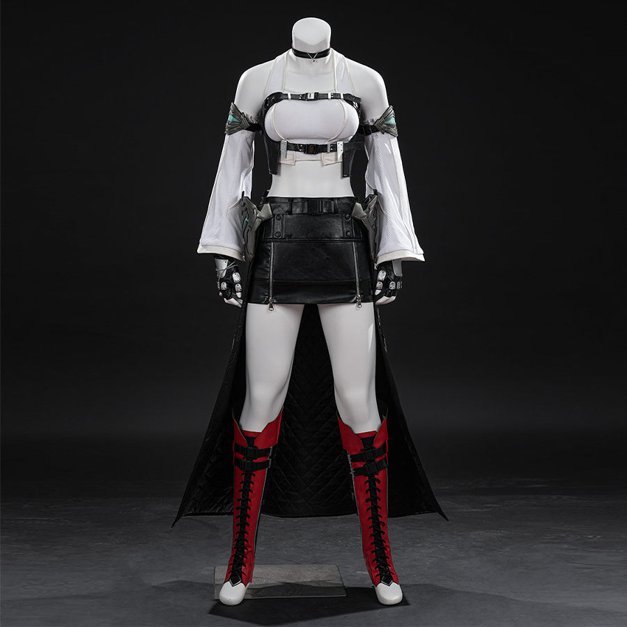 COSFUN Tifa cosplay costume gathers a white ribbed top beneath a faux leather vest with attached armor and a long back cape.