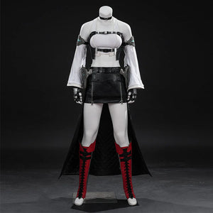 COSFUN Tifa cosplay costume gathers a white ribbed top beneath a faux leather vest with attached armor and a long back cape.