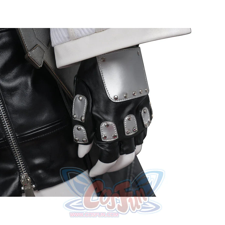Tifa cosplay costume anchors metallic silver-tone armor plates over black faux leather glove finger sections and knuckles.