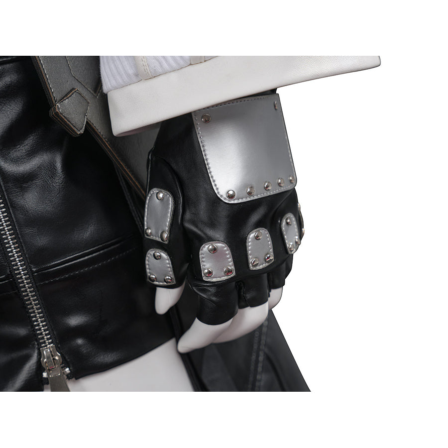 Tifa cosplay costume anchors metallic silver-tone armor plates over black faux leather glove finger sections and knuckles.