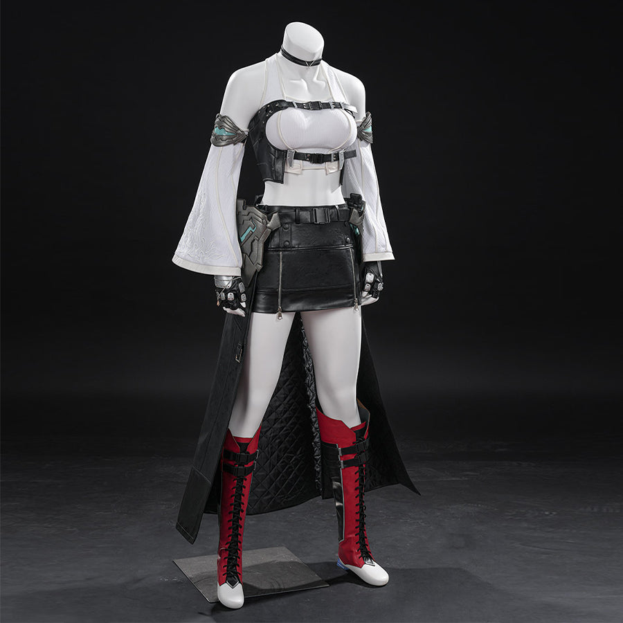 Tifa cosplay costume layers a ribbed top with a buckled vest and faux leather armor accents over a short skirt set.