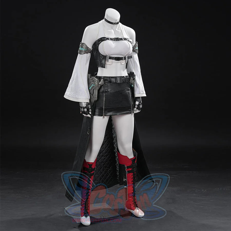 Tifa cosplay costume layers a ribbed top with a buckled vest and faux leather armor accents over a short skirt set.