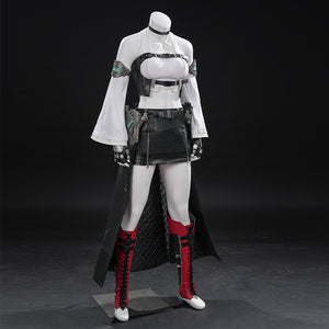 Tifa cosplay costume layers a ribbed top with a buckled vest and faux leather armor accents over a short skirt set.
