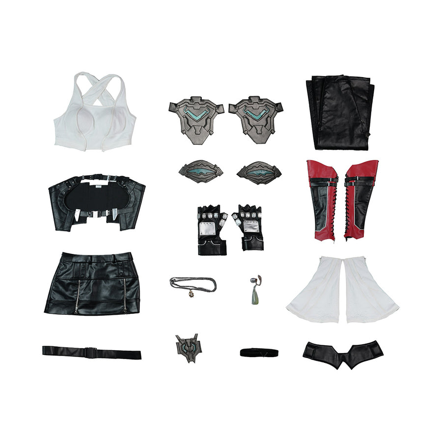 Tifa cosplay costume sets out all components including the white top black faux leather skirt armor pieces and accessories.