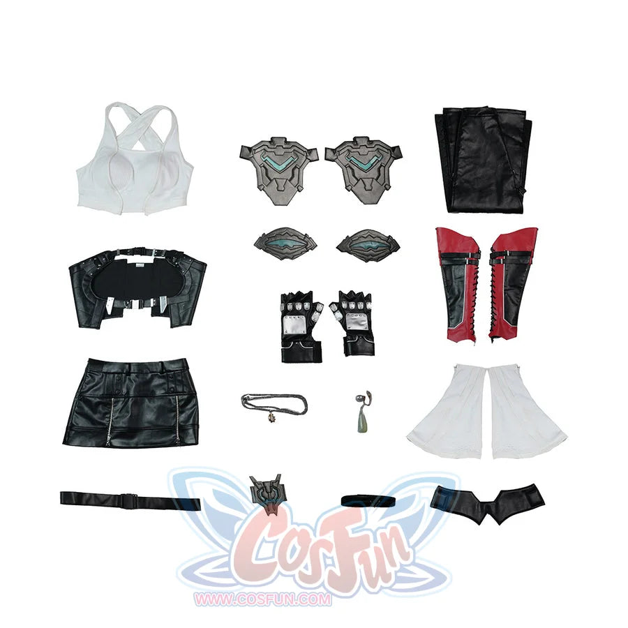 Tifa cosplay costume sets out all components including the white top black faux leather skirt armor pieces and accessories.