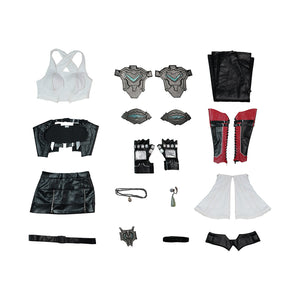 Tifa cosplay costume sets out all components including the white top black faux leather skirt armor pieces and accessories.