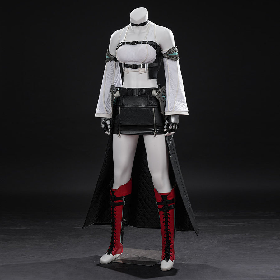 Tifa cosplay costume layers a black vest over a ribbed white top while pairing a faux leather skirt with red lace-up boots.