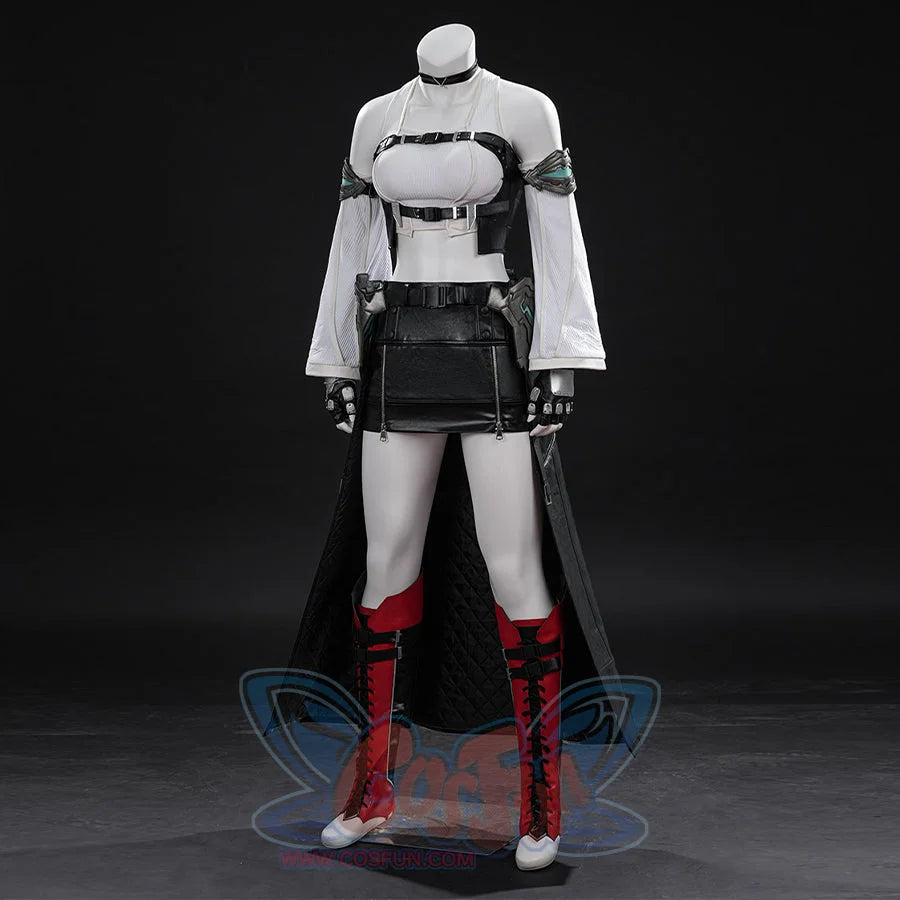 COSFUN Tifa cosplay costume gathers a white ribbed top beneath a faux leather vest with attached armor and a long back cape.