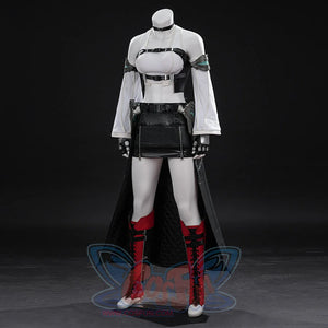 Tifa cosplay costume layers a black vest over a ribbed white top while pairing a faux leather skirt with red lace-up boots.