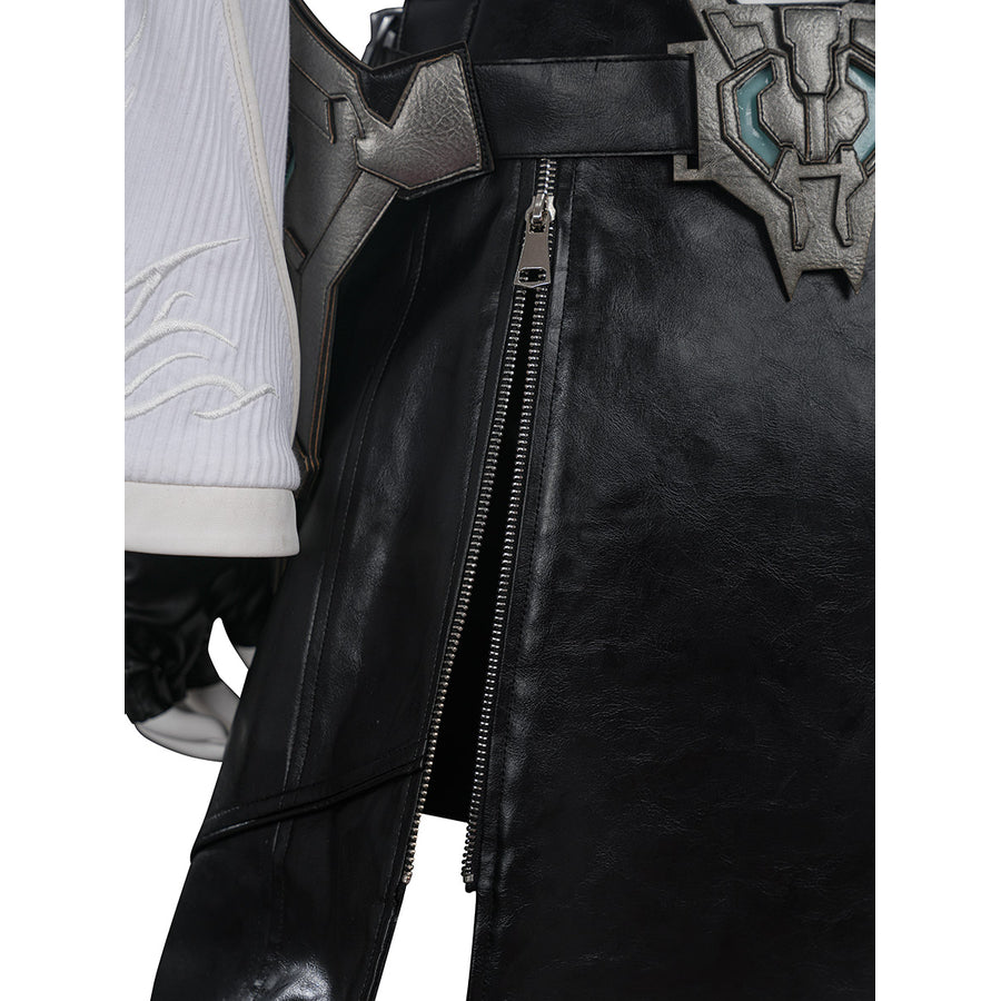 Tifa cosplay costume frames a black faux leather skirt with silver-tone waist armor and a sleek metal zipper side closure.