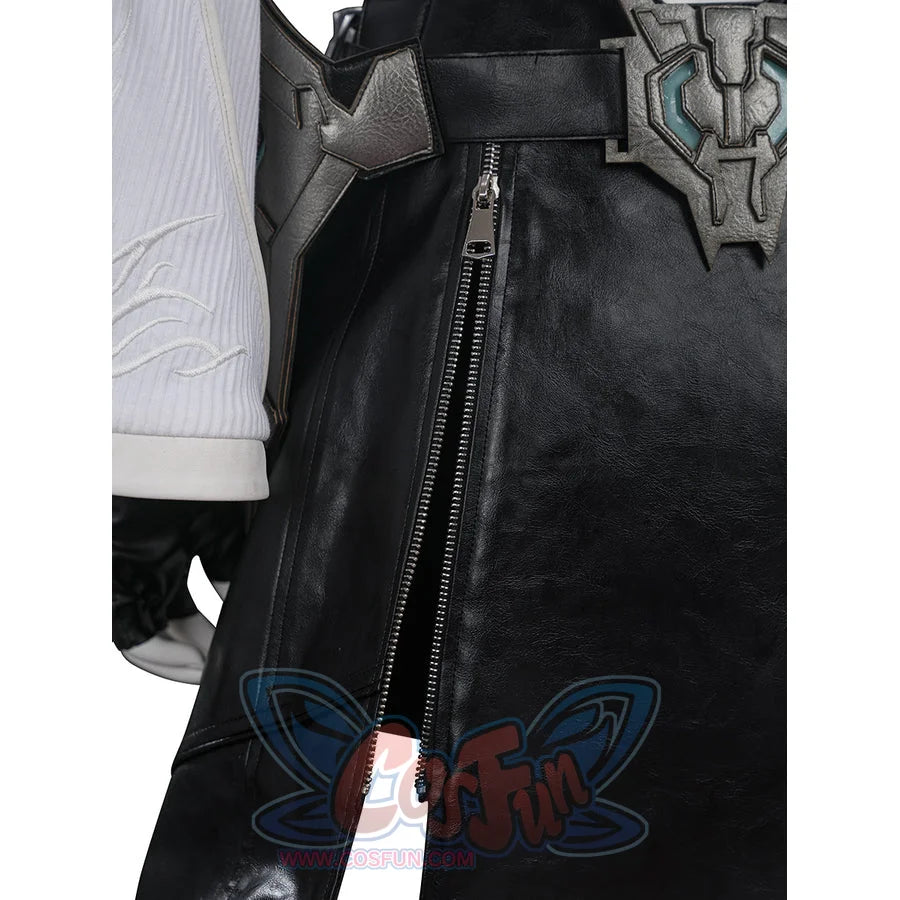 Tifa cosplay costume frames a black faux leather skirt with silver-tone waist armor and a sleek metal zipper side closure.